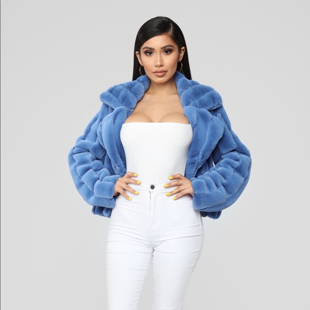 Blue faux fur coat